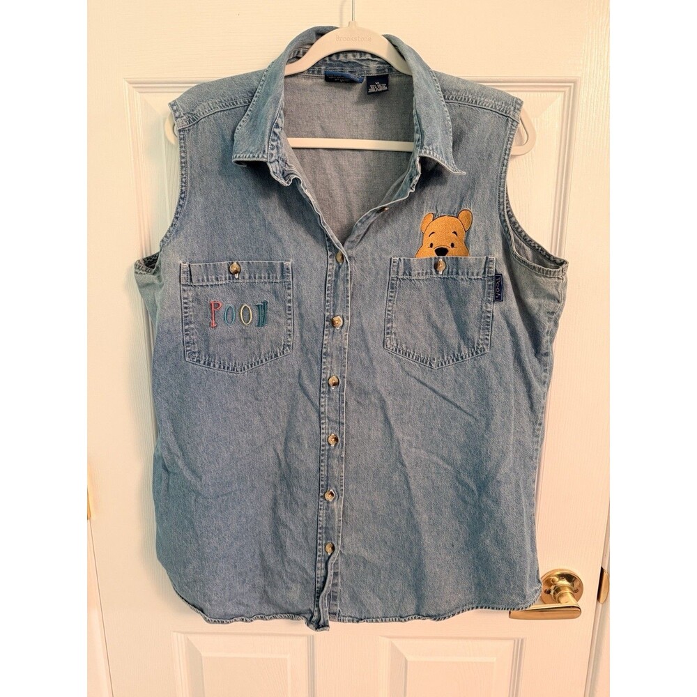 Vintage Winnie The Pooh Women's Shirt Top XL Blue Denim Sleeveless Embroidered
